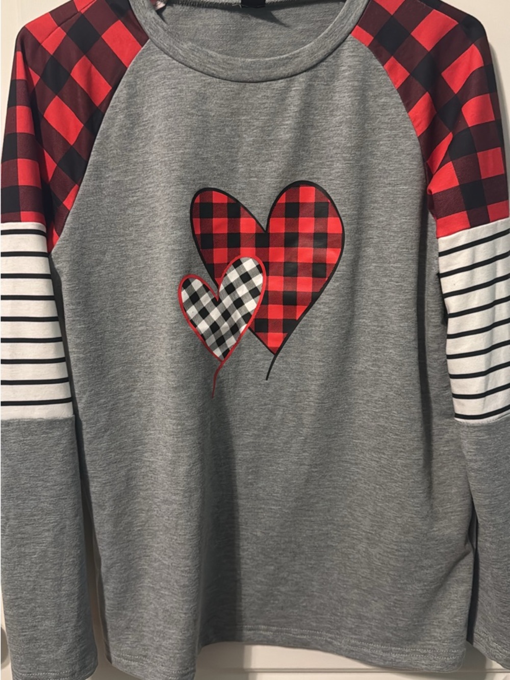 Women’s Gray Long-Sleeve Top with Red Buffalo Plaid Hearts